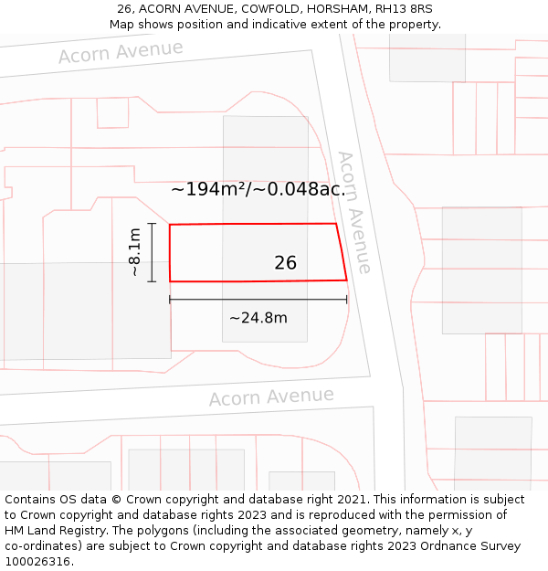 26, ACORN AVENUE, COWFOLD, HORSHAM, RH13 8RS: Plot and title map