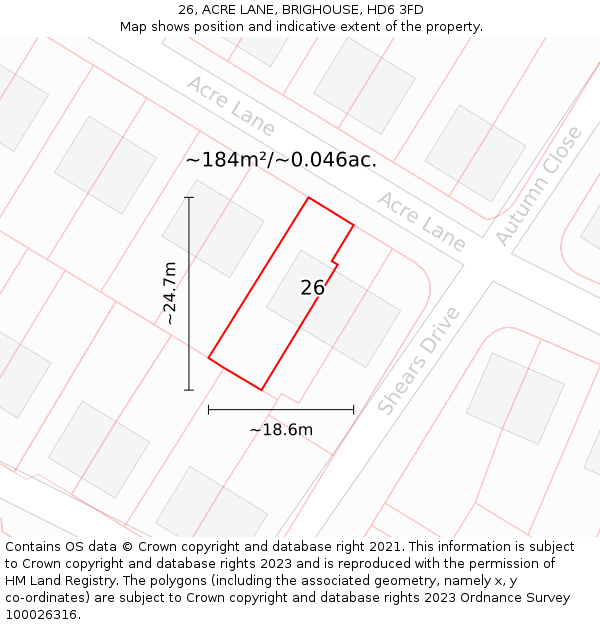 26, ACRE LANE, BRIGHOUSE, HD6 3FD: Plot and title map