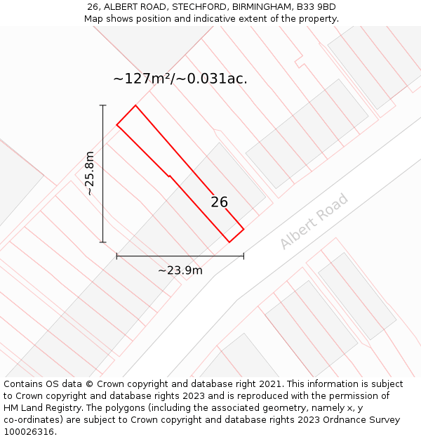26, ALBERT ROAD, STECHFORD, BIRMINGHAM, B33 9BD: Plot and title map
