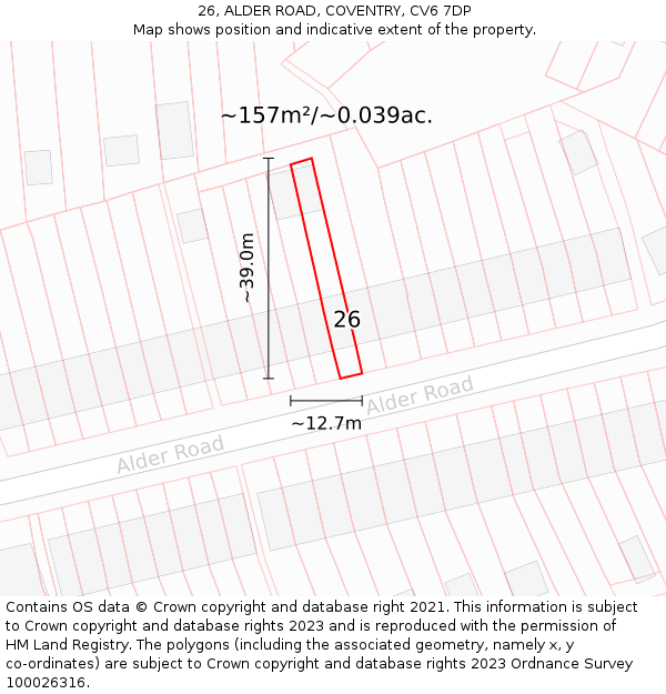 26, ALDER ROAD, COVENTRY, CV6 7DP: Plot and title map