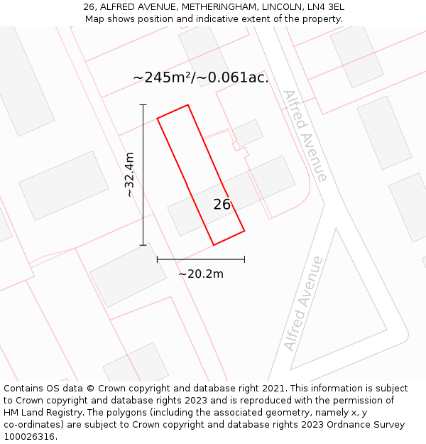 26, ALFRED AVENUE, METHERINGHAM, LINCOLN, LN4 3EL: Plot and title map