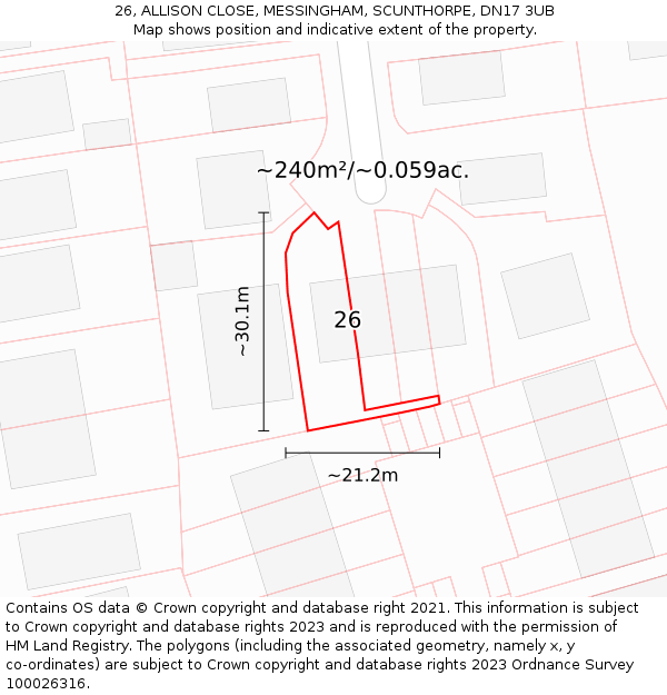 26, ALLISON CLOSE, MESSINGHAM, SCUNTHORPE, DN17 3UB: Plot and title map