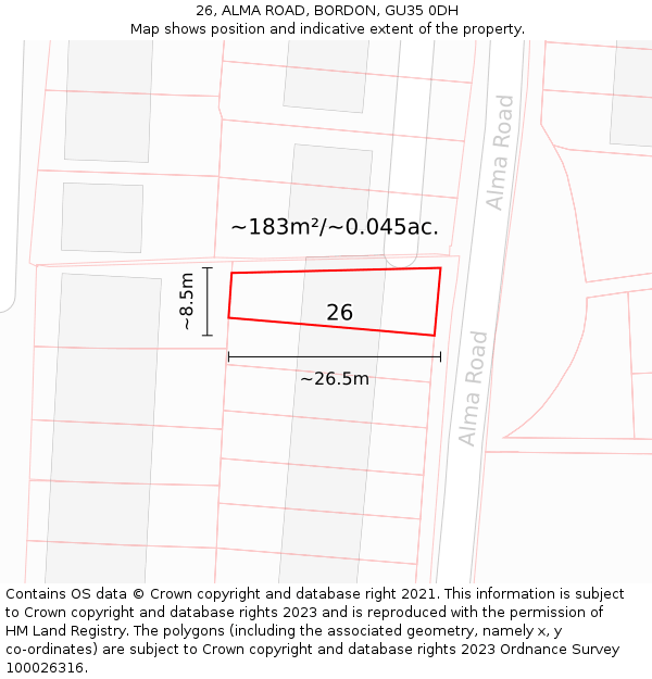 26, ALMA ROAD, BORDON, GU35 0DH: Plot and title map