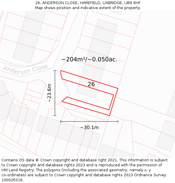 26, ANDERSON CLOSE, HAREFIELD, UXBRIDGE, UB9 6HF: Plot and title map