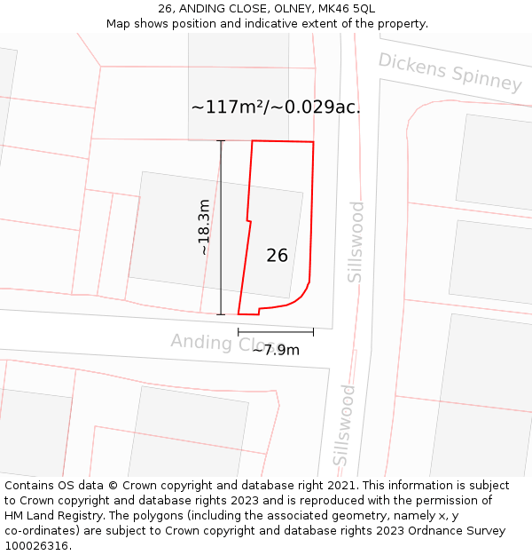 26, ANDING CLOSE, OLNEY, MK46 5QL: Plot and title map