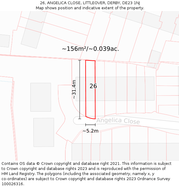 26, ANGELICA CLOSE, LITTLEOVER, DERBY, DE23 1NJ: Plot and title map