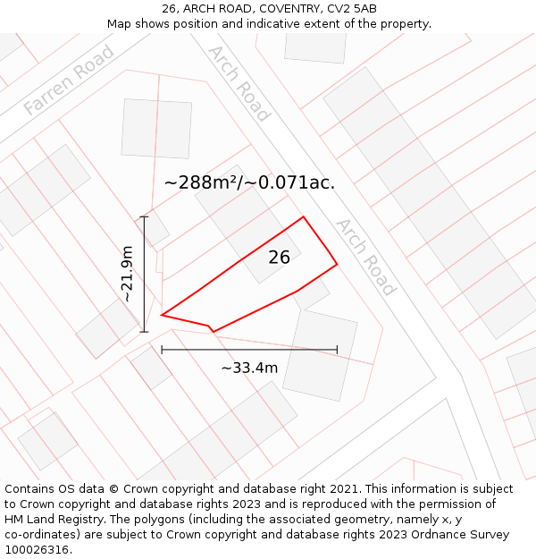 26, ARCH ROAD, COVENTRY, CV2 5AB: Plot and title map