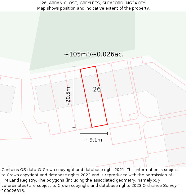 26, ARRAN CLOSE, GREYLEES, SLEAFORD, NG34 8FY: Plot and title map