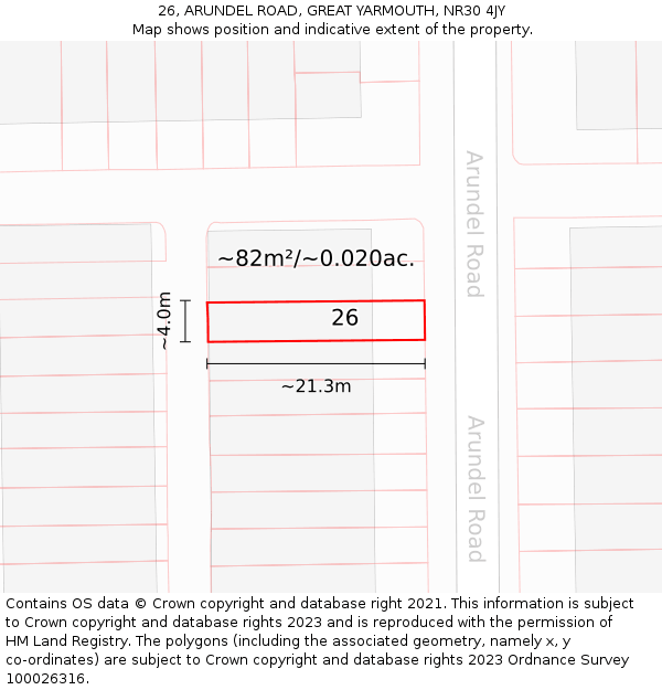 26, ARUNDEL ROAD, GREAT YARMOUTH, NR30 4JY: Plot and title map