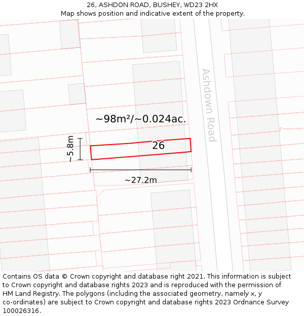 26, ASHDON ROAD, BUSHEY, WD23 2HX: Plot and title map