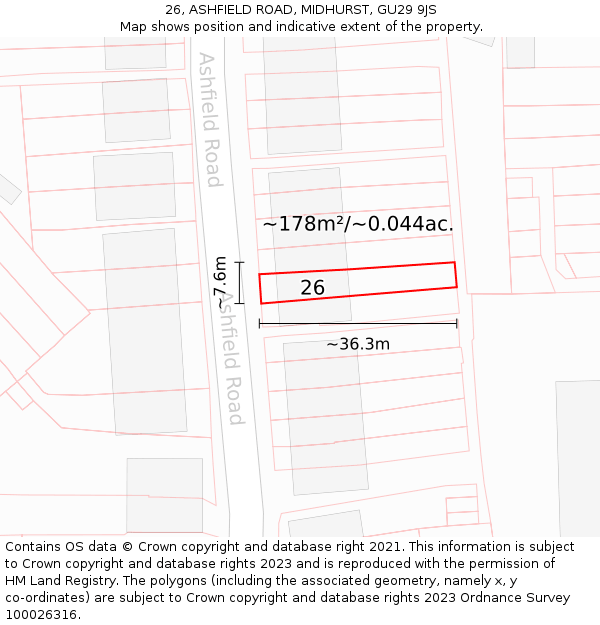 26, ASHFIELD ROAD, MIDHURST, GU29 9JS: Plot and title map
