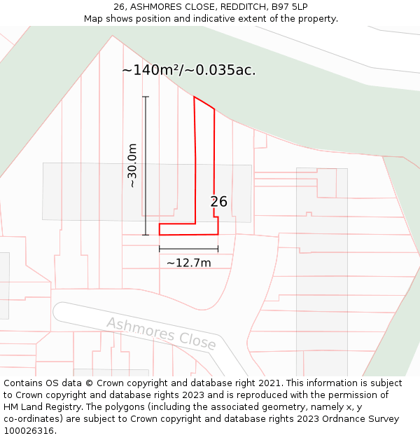 26, ASHMORES CLOSE, REDDITCH, B97 5LP: Plot and title map