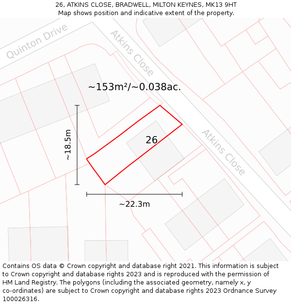 26, ATKINS CLOSE, BRADWELL, MILTON KEYNES, MK13 9HT: Plot and title map