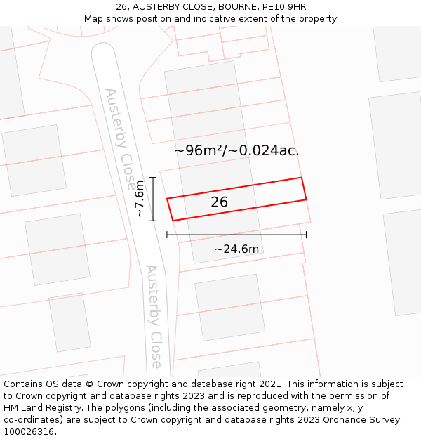 26, AUSTERBY CLOSE, BOURNE, PE10 9HR: Plot and title map
