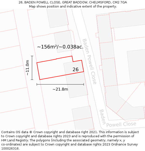 26, BADEN POWELL CLOSE, GREAT BADDOW, CHELMSFORD, CM2 7GA: Plot and title map