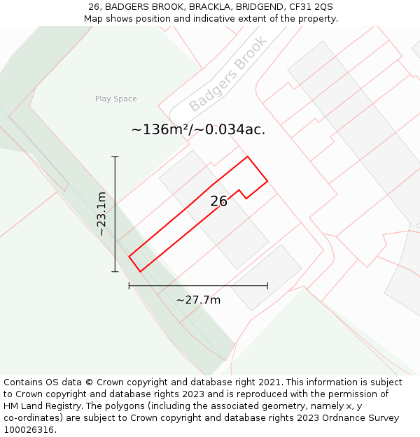 26, BADGERS BROOK, BRACKLA, BRIDGEND, CF31 2QS: Plot and title map