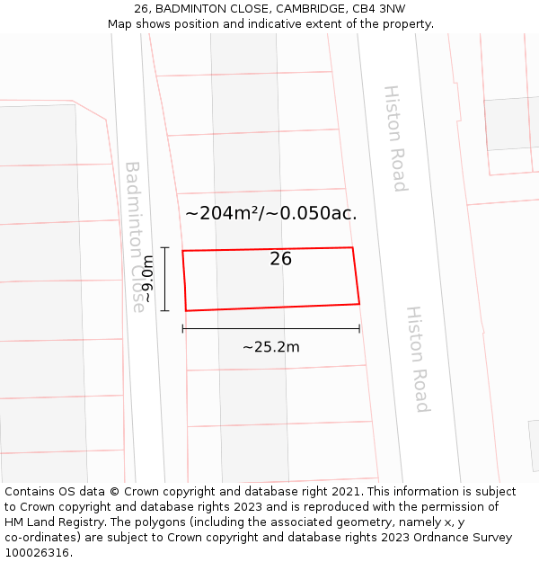 26, BADMINTON CLOSE, CAMBRIDGE, CB4 3NW: Plot and title map