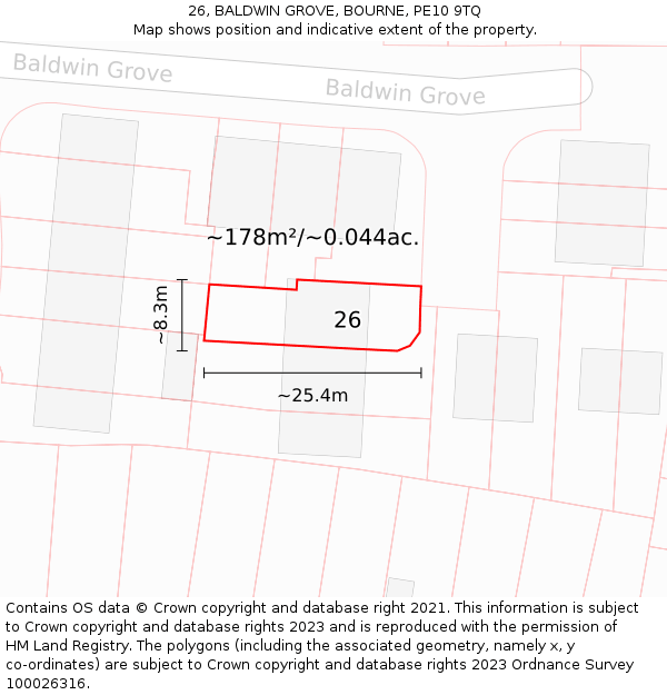 26, BALDWIN GROVE, BOURNE, PE10 9TQ: Plot and title map