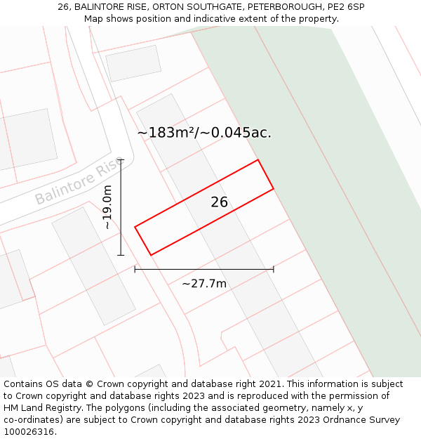 26, BALINTORE RISE, ORTON SOUTHGATE, PETERBOROUGH, PE2 6SP: Plot and title map