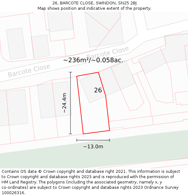 26, BARCOTE CLOSE, SWINDON, SN25 2BJ: Plot and title map