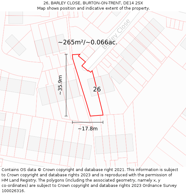 26, BARLEY CLOSE, BURTON-ON-TRENT, DE14 2SX: Plot and title map