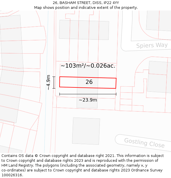 26, BASHAM STREET, DISS, IP22 4YY: Plot and title map