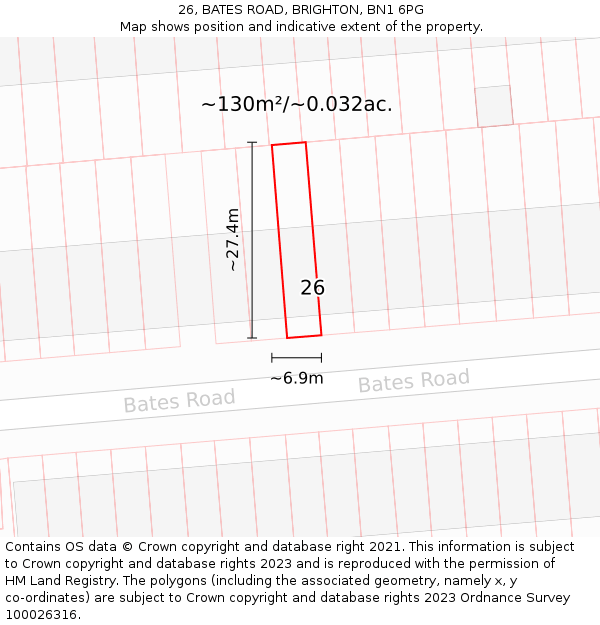 26, BATES ROAD, BRIGHTON, BN1 6PG: Plot and title map