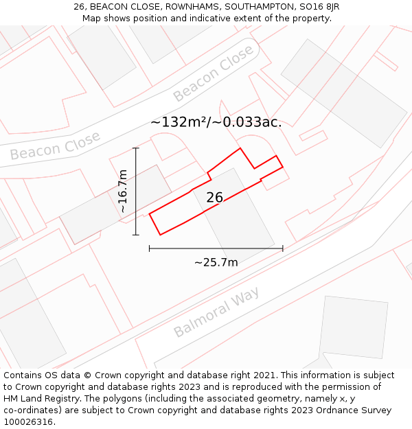 26, BEACON CLOSE, ROWNHAMS, SOUTHAMPTON, SO16 8JR: Plot and title map