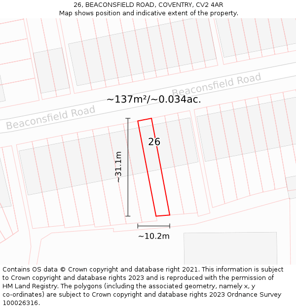 26, BEACONSFIELD ROAD, COVENTRY, CV2 4AR: Plot and title map