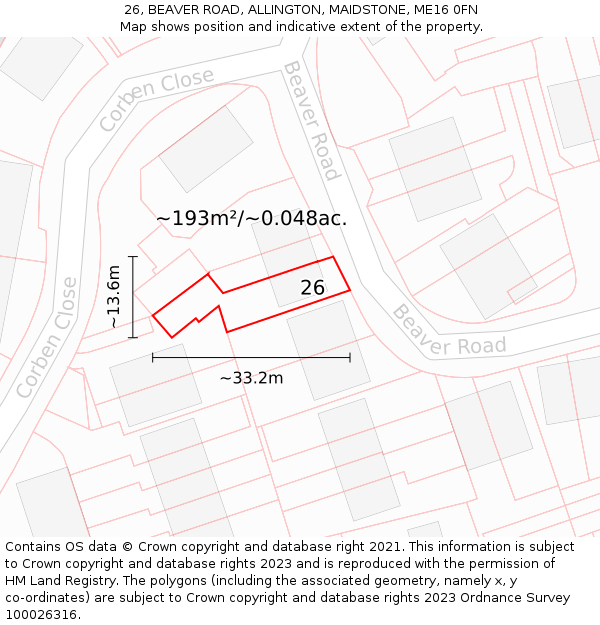 26, BEAVER ROAD, ALLINGTON, MAIDSTONE, ME16 0FN: Plot and title map