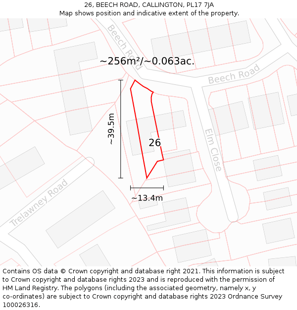 26, BEECH ROAD, CALLINGTON, PL17 7JA: Plot and title map