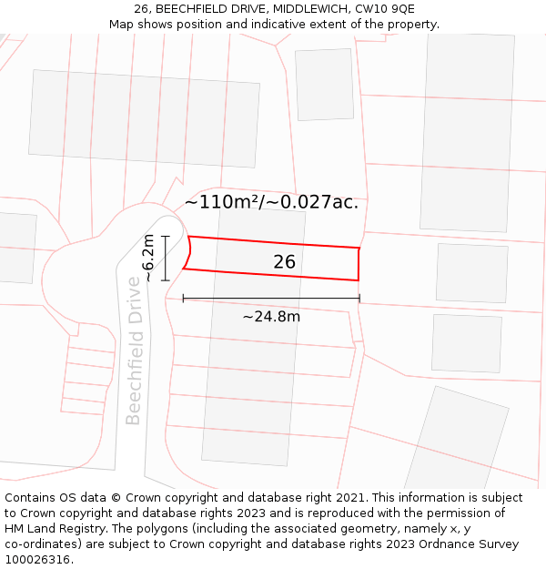 26, BEECHFIELD DRIVE, MIDDLEWICH, CW10 9QE: Plot and title map