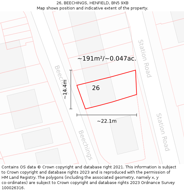 26, BEECHINGS, HENFIELD, BN5 9XB: Plot and title map