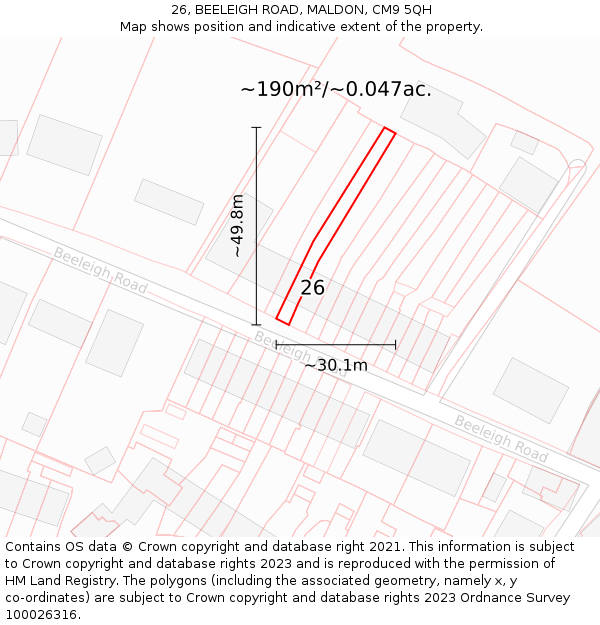 26, BEELEIGH ROAD, MALDON, CM9 5QH: Plot and title map