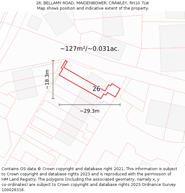 26, BELLAMY ROAD, MAIDENBOWER, CRAWLEY, RH10 7LW: Plot and title map