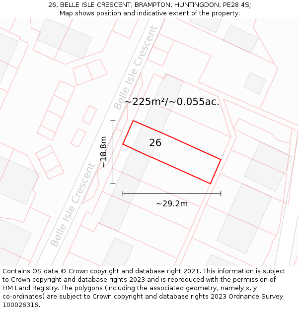 26, BELLE ISLE CRESCENT, BRAMPTON, HUNTINGDON, PE28 4SJ: Plot and title map