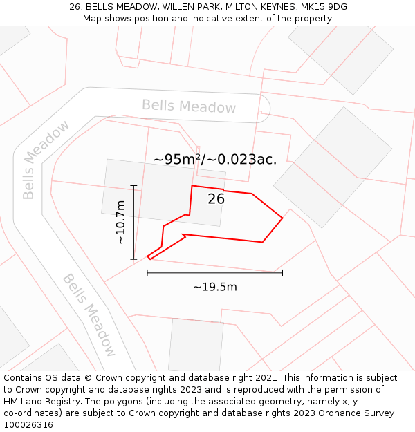 26, BELLS MEADOW, WILLEN PARK, MILTON KEYNES, MK15 9DG: Plot and title map