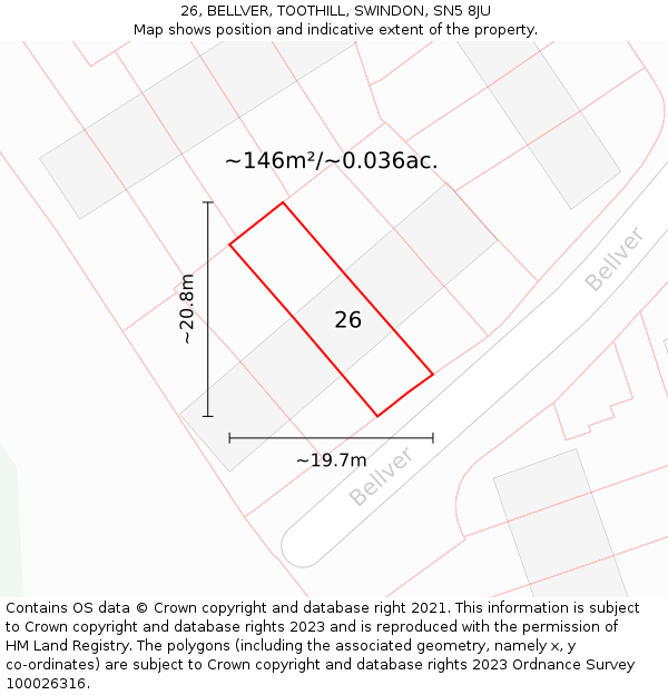 26, BELLVER, TOOTHILL, SWINDON, SN5 8JU: Plot and title map