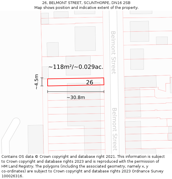 26, BELMONT STREET, SCUNTHORPE, DN16 2SB: Plot and title map