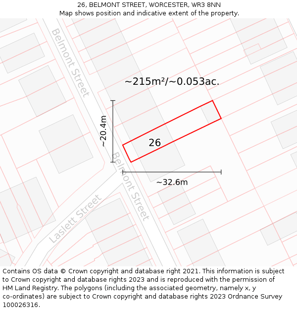 26, BELMONT STREET, WORCESTER, WR3 8NN: Plot and title map