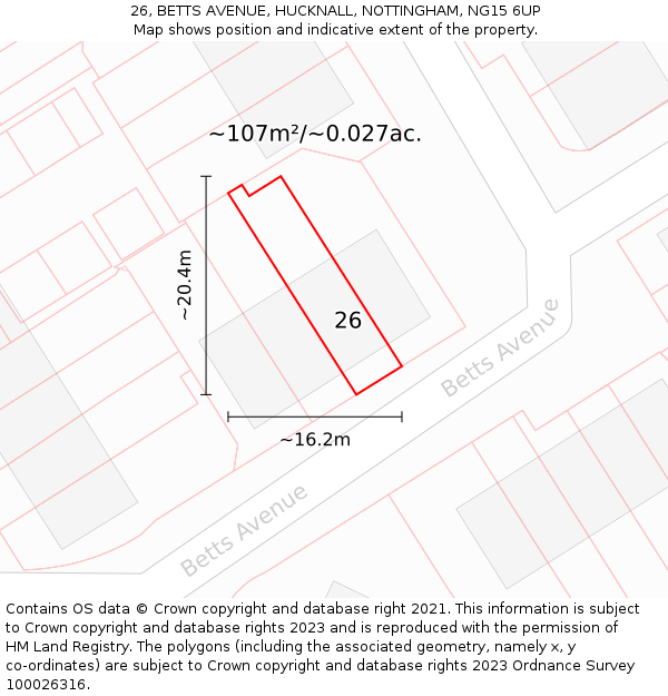 26, BETTS AVENUE, HUCKNALL, NOTTINGHAM, NG15 6UP: Plot and title map