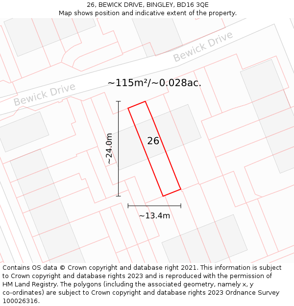 26, BEWICK DRIVE, BINGLEY, BD16 3QE: Plot and title map