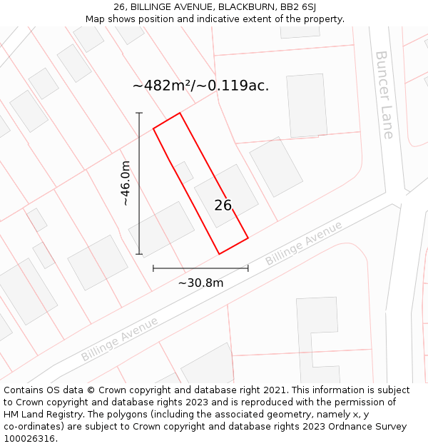 26, BILLINGE AVENUE, BLACKBURN, BB2 6SJ: Plot and title map