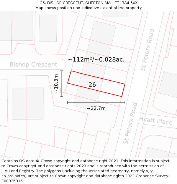 26, BISHOP CRESCENT, SHEPTON MALLET, BA4 5XX: Plot and title map