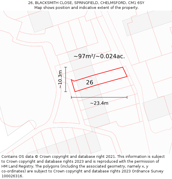 26, BLACKSMITH CLOSE, SPRINGFIELD, CHELMSFORD, CM1 6SY: Plot and title map