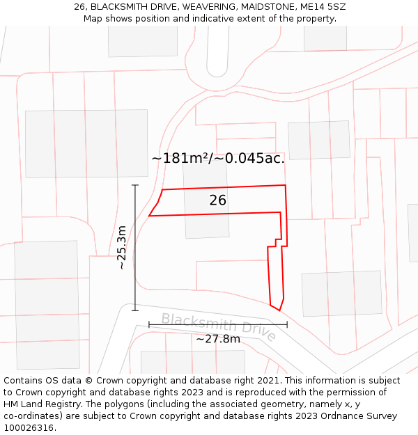 26, BLACKSMITH DRIVE, WEAVERING, MAIDSTONE, ME14 5SZ: Plot and title map