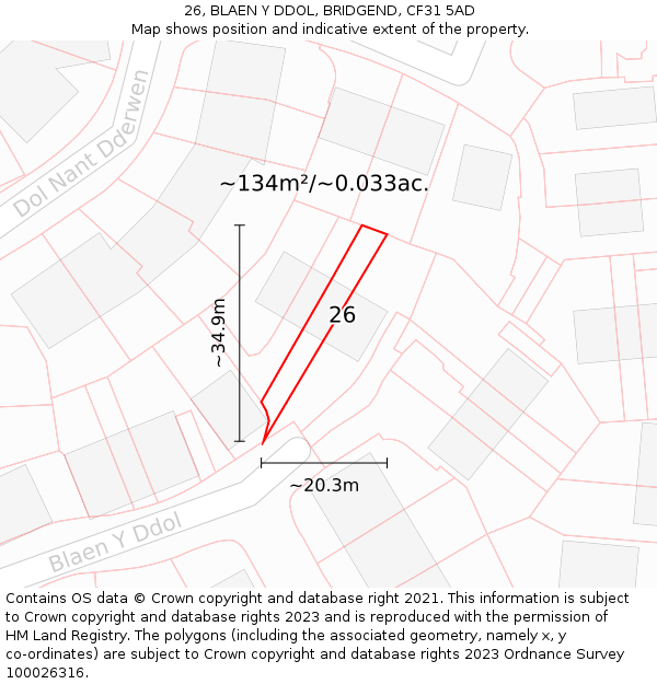 26, BLAEN Y DDOL, BRIDGEND, CF31 5AD: Plot and title map