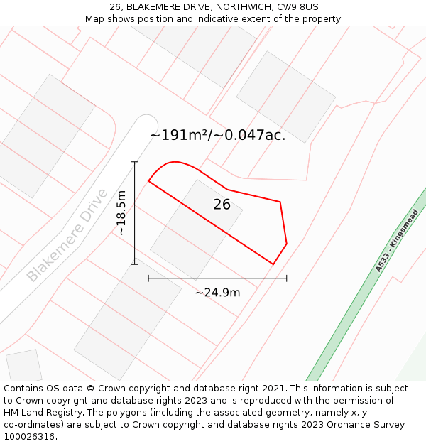 26, BLAKEMERE DRIVE, NORTHWICH, CW9 8US: Plot and title map