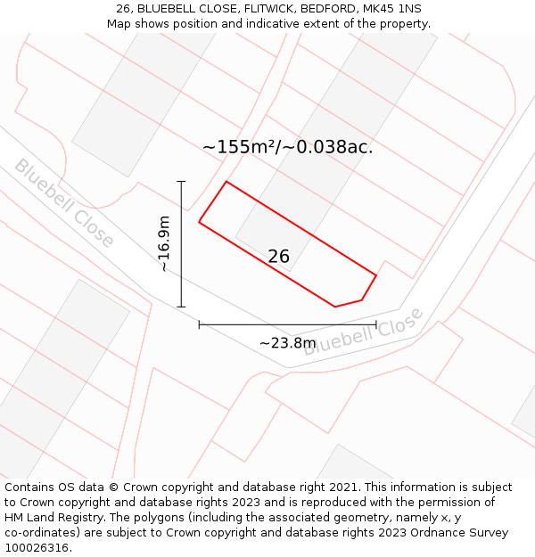 26, BLUEBELL CLOSE, FLITWICK, BEDFORD, MK45 1NS: Plot and title map
