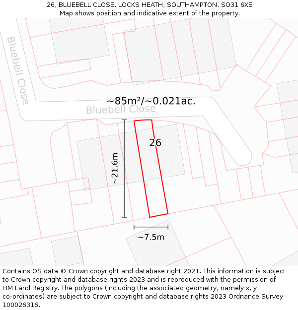 26, BLUEBELL CLOSE, LOCKS HEATH, SOUTHAMPTON, SO31 6XE: Plot and title map